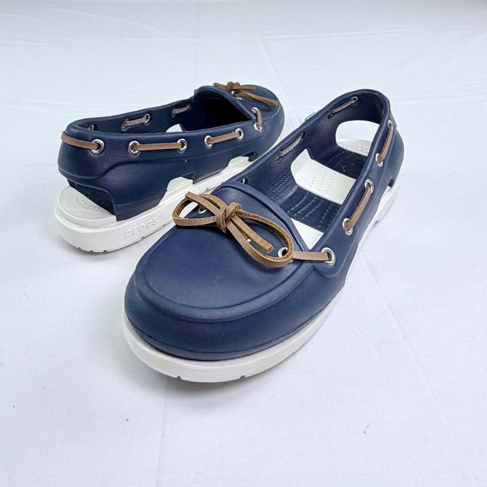 Crocs Beach Nautical Line Boat Navy White Slip On Loafer Leather Laces W7